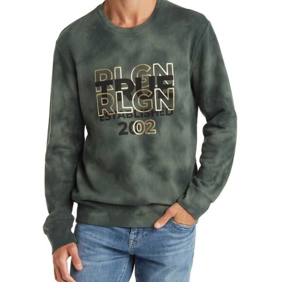 True Religion Logo Crewneck Sweatshirt Duck Green Camouflage Size 2XL - Picture 1 of 10